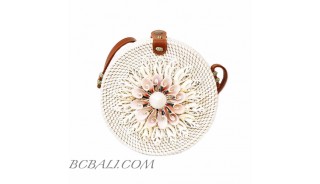 Handmade seashells deco circle bag round rattan